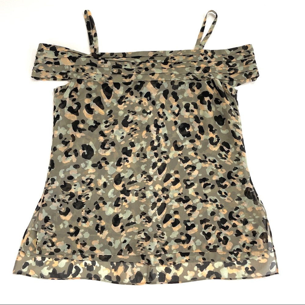 Cabi Chiffon Camo Print Cold Shoulder Top